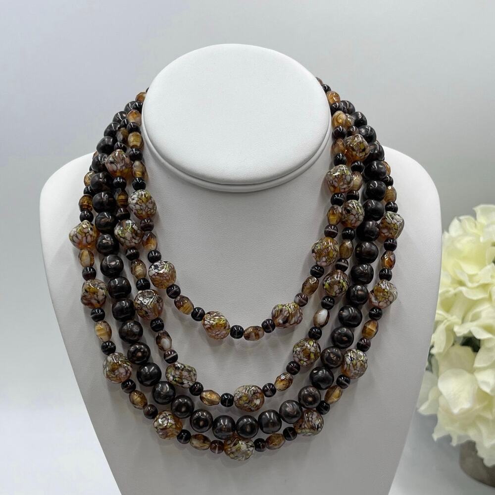 Brown Black Vintage Multi Strand Glass Lucite‎ Rhinestone Clasp Layered Necklace
